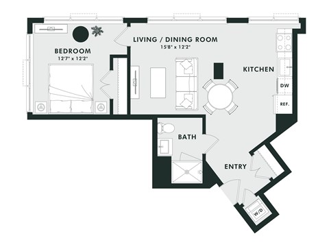 A black and white floor plan of a small apartment.